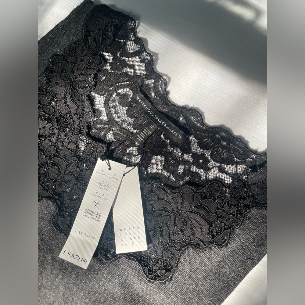 White House Black Market Heather Gray Velvet Lace Shell